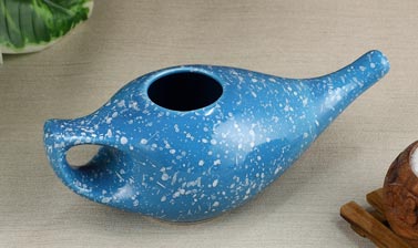 Skyblue color white dotted ceramic neti pot 