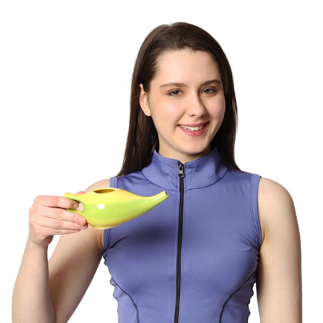 Ceramic Neti Pot for Sinus Control Yellow and Green