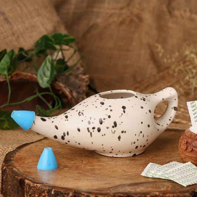 Ceramic Neti Pot for Sinus Irigation Dalmation Pattern