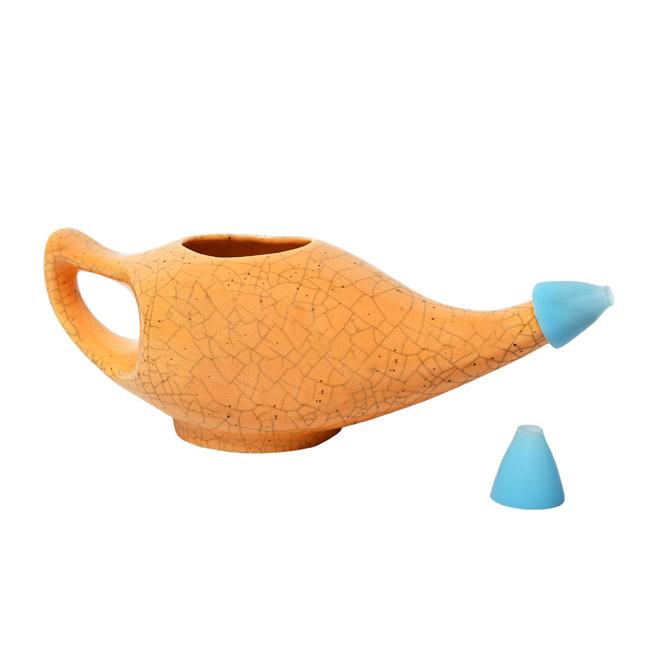 Premium Grade Ceramic Neti Pot for Nasal Cleansing Crackle Pattern Orange