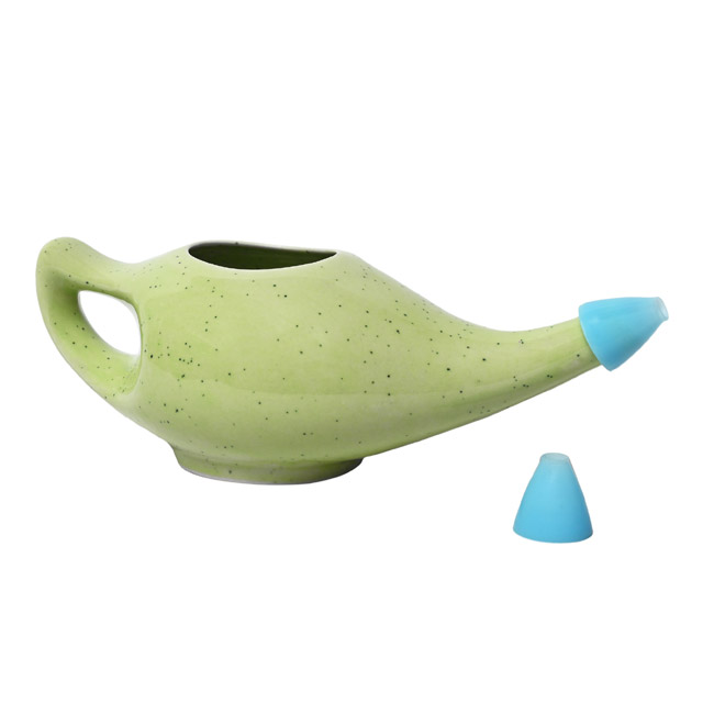 Premium Grade Ceramic Neti Pot for Nasal Cleansing  Freckle Pattern Green 