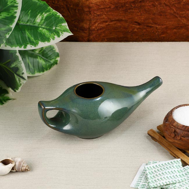 Premium Grade Ceramic Neti Pot for Nasal Cleansing Elegant Green