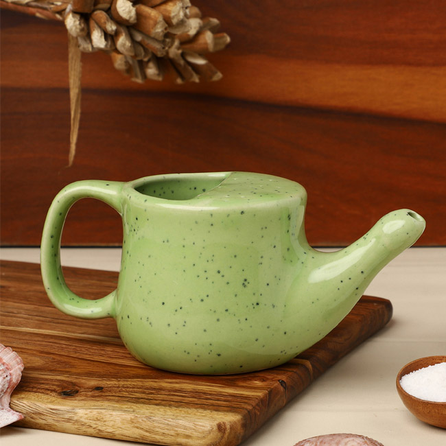 Spill Proof Ceramic Neti Pot Frackle Green